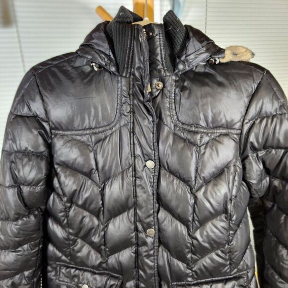 Lands' End $200 Small Black Goose Down Faux Fur Trimmed Hood Zip Up Puffer Coat - Picture 2 of 7
